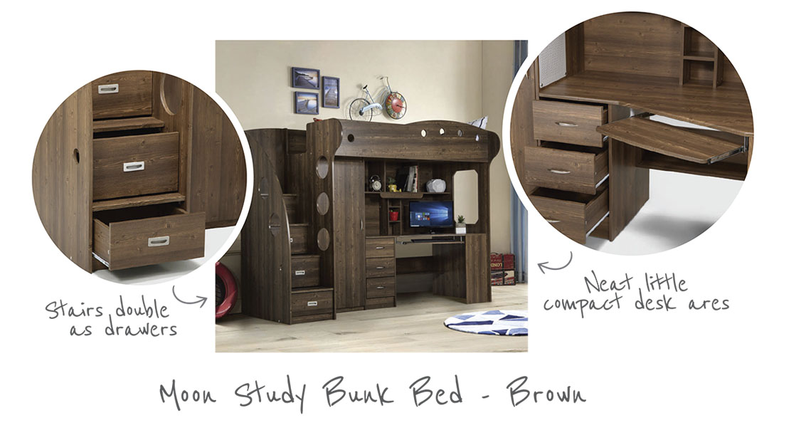 Dark brown study bunk bed with study area at the bottom and stairs that double as drawers and a bed on top